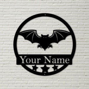 Plaque en métal chauve-souris, nom en métal, noir, décoration d'Halloween, Halloween, chauves-souris, enseigne d'extérieur, plaque de porte, art mural, plaque en métal, plaque de nom personnalisée