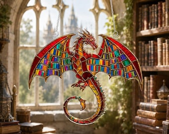 Bookish Dragon Acrylic Suncatcher, Fantasy Dragon Window Hanging Decor, Medieval Mystic Dragon Gift, Book Lover Decor, Reading Ornament