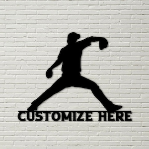 Puede incluir: Silueta negra de metal de un jugador de béisbol lanzando con el texto "CUSTOMIZE HERE" debajo.