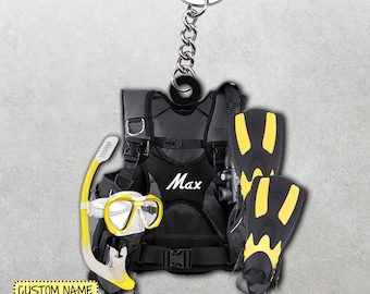 Scuba Diving Gear Custom Flat Keychain, Scuba Diving Equipment, Scuba Diver Keychain, Scuba Diving Lover Gift