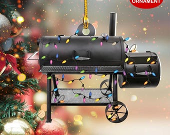 Personalized Smoker BBQ Christmas Lights Flat Ornament, Camping BBQ Grill Ornament, BBQ Smoker Gift, Christmas Grilling Party Gift