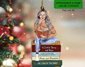 Personalized Girl Reading Book Flat Ornament, Custom Book Titles Ornament, Book Reading Lover Ornament, Gift For Librarian
