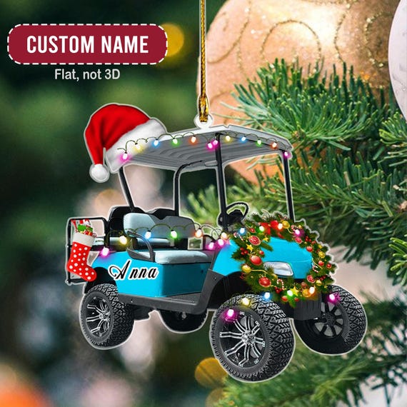 Personalized Golf Cart Santa Hat Christmas Ornament, Custom Name