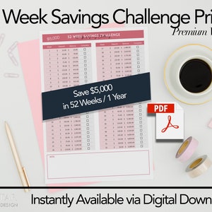 Risparmia 5.000 nella sfida di risparmio di 52 settimane / Tracker di risparmio 2025 stampabile / Barattolo del fondo di risparmio / Tracker di denaro di Dave Ramsey / Download digitale