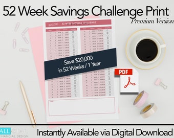 Save 20,000 in 52 Week Savings Challenge | 2024 Savings Tracker Printable | Savings Fund Jar | Dave Ramsey Money Tracker | Digital Download