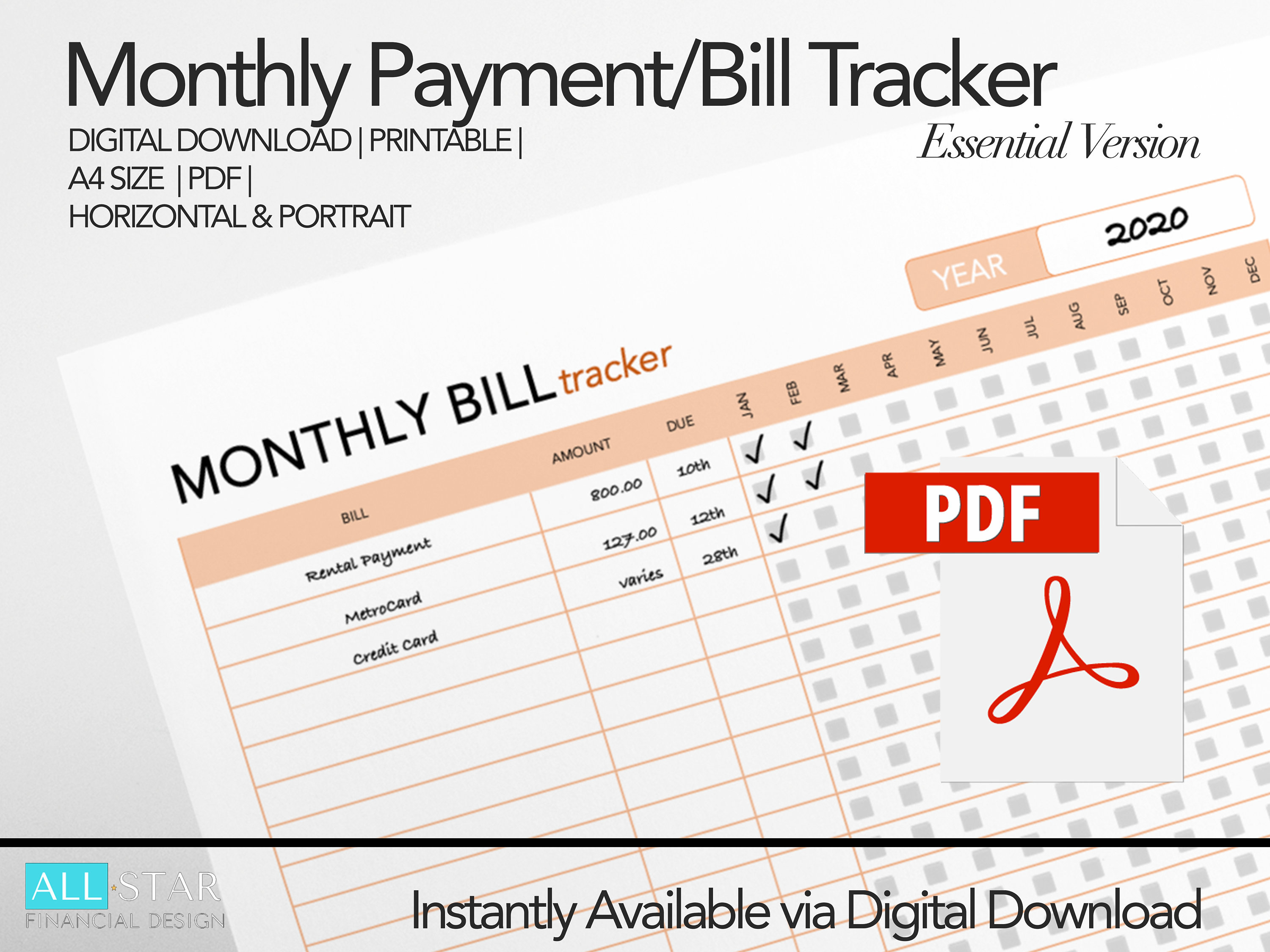 Printable Monthly Bill Tracker Payment Organizer | Expense Checklist ...