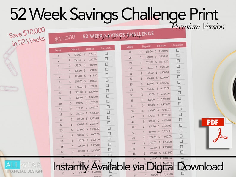 Save 10,000 in 52 Week Savings Challenge | Savings Tracker Printable ...