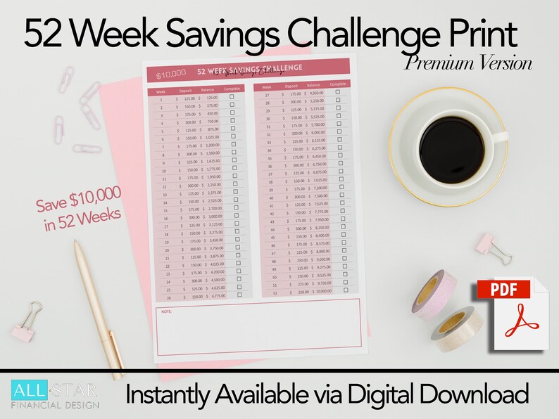 Save 10,000 in 52 Week Savings Challenge Savings Tracker Printable ...