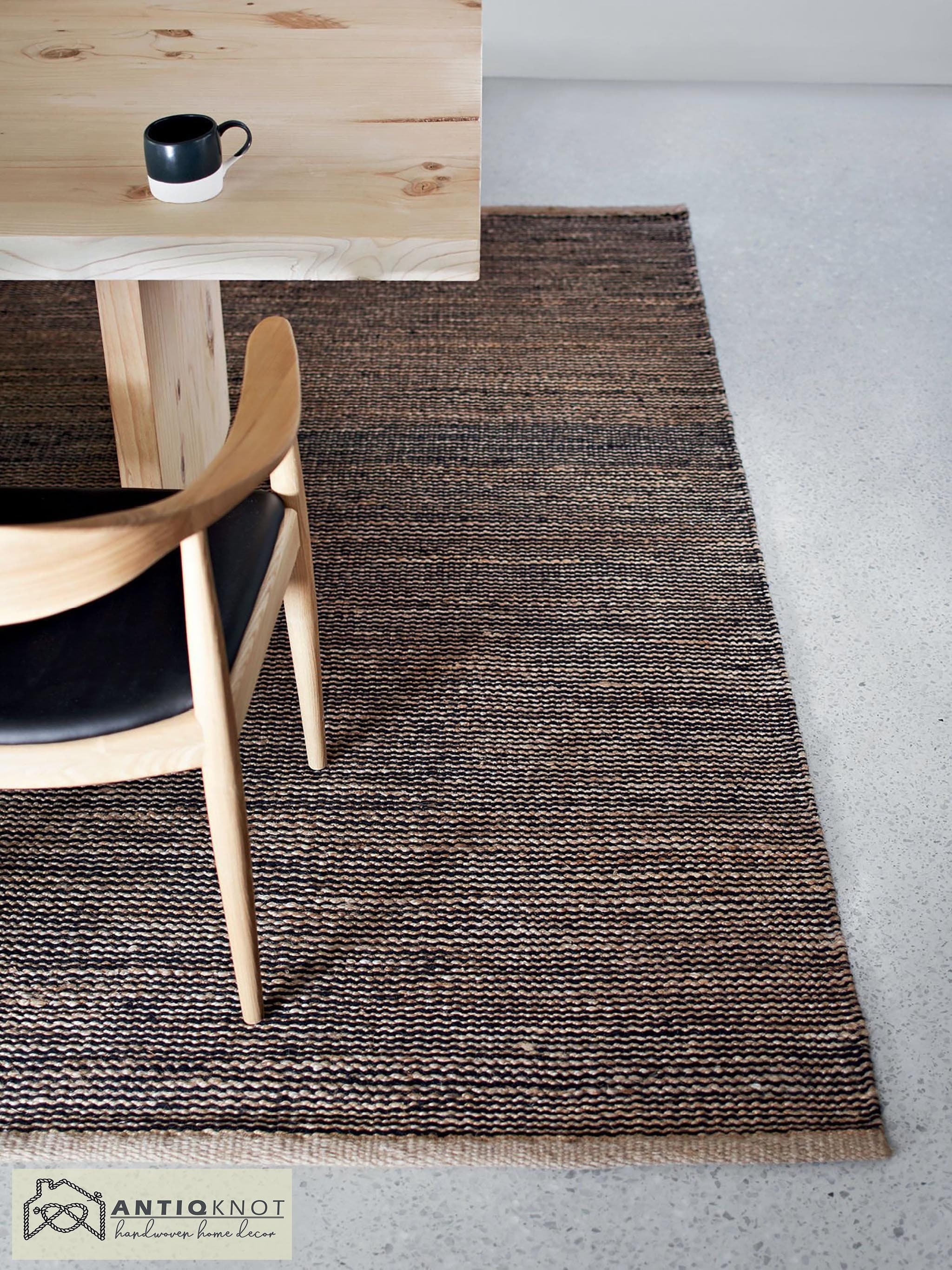Minimalist Jute Area Rug | Large Hemp Jute Rug | Natural Black strip pattern tiedye jute rug | Durable Chunky jute rug