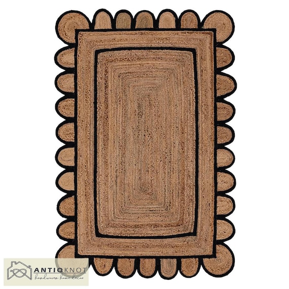 Jute Rug Black Border Scalloped Rug Jute Scalloped Rug Etsy