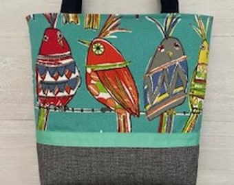 Birds on Blue Purse with a Black Vinyl Bottom