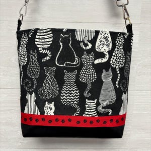 Crossbody Cats on Black Fabric Purse with a Vinyl Bottom