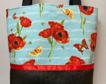Poppies on Blue Purse with a Vinyl Bottom