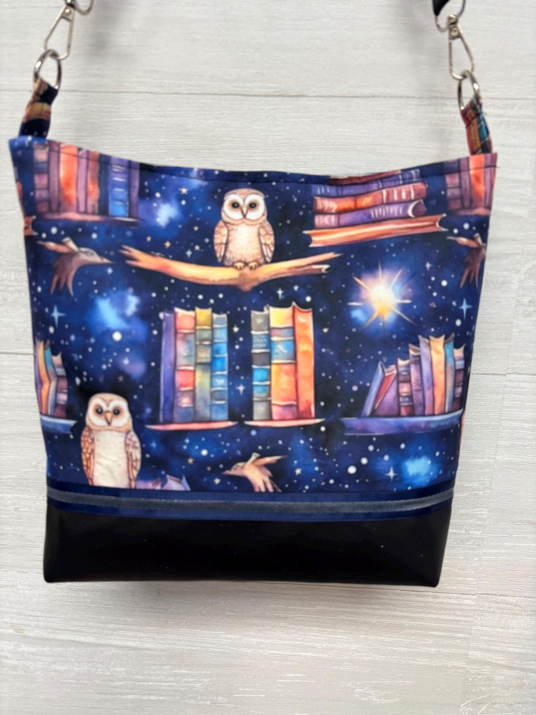 Crossbody Book Owls Fabric Purse with a Vinyl Bottom and adjustable handle