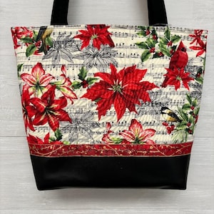 Cartera cruzada de tela Pointsetta y Chickadee con fondo de vinilo