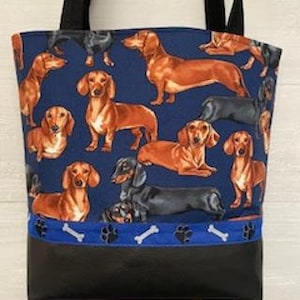 Dachshunds en una cartera azul con fondo de vinilo
