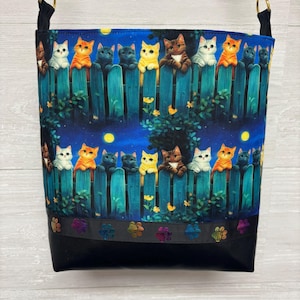 Crossbody Cats on a Fence  Purse with a Vinyl Bottom