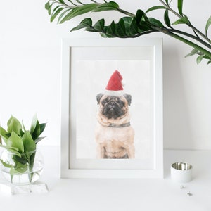 Pug Santa Hat Christmas Dog Watercolor Digital Artwork Download