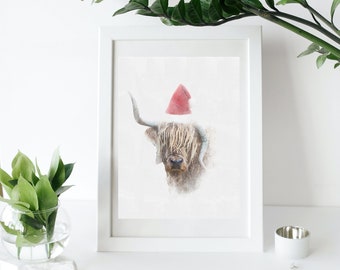 Cow Santa Hat Christmas Animal Watercolor Digital Artwork Download