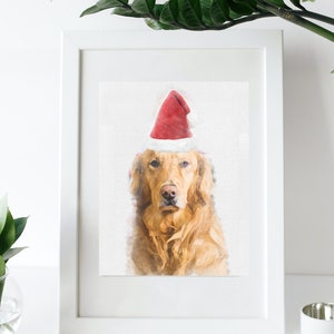 Golden Retriever Santa Hat Christmas Dog Watercolor Digital Artwork Download