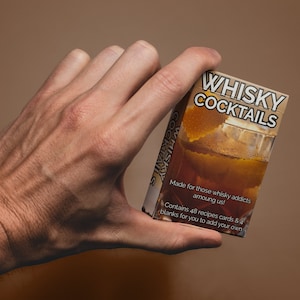 Tarjetas de recetas de cócteles de whisky - Paquete de tarjetas para hacer cócteles con 52 opciones - Noche de cita / Fiesta