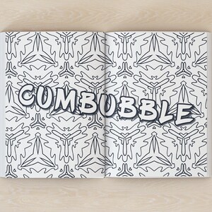 May include: A coloring book with a black and white geometric pattern on the cover. The title of the book is "CUMBBUBLE" in a bold, comic book style font.