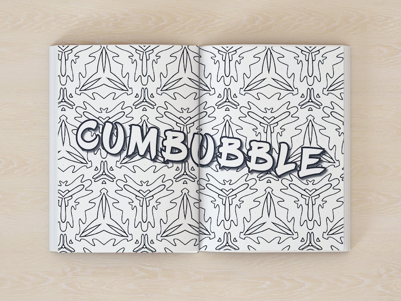 May include: A coloring book with a black and white geometric pattern on the cover. The title of the book is "CUMBBUBLE" in a bold, comic book style font.