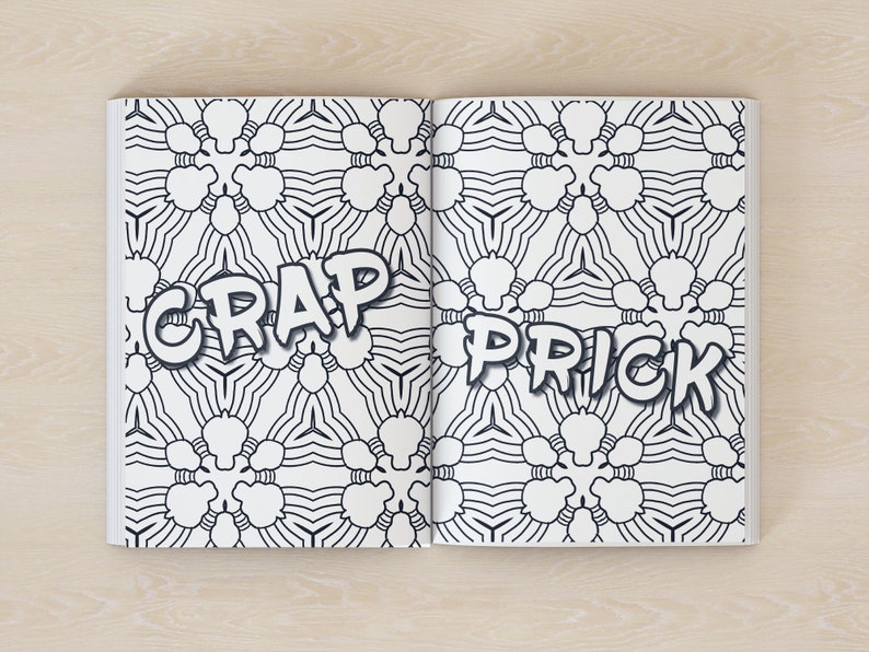 May include: A coloring book with a black and white geometric pattern on the cover. The words "CRAP" and "PRICK" are written in bold, white letters on the cover.