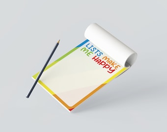 Lists Make Me Happy Notepad | A6 Notepad | Self care | Mental Health | Wellbeing | Anxiety | Positive Attitude