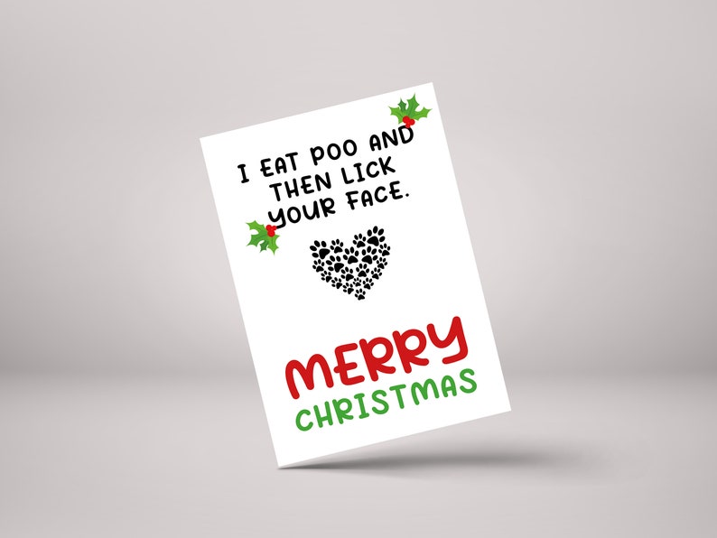 Funny Pet Christmas Card - poo joke - cat dog lick face Xmas greeting
