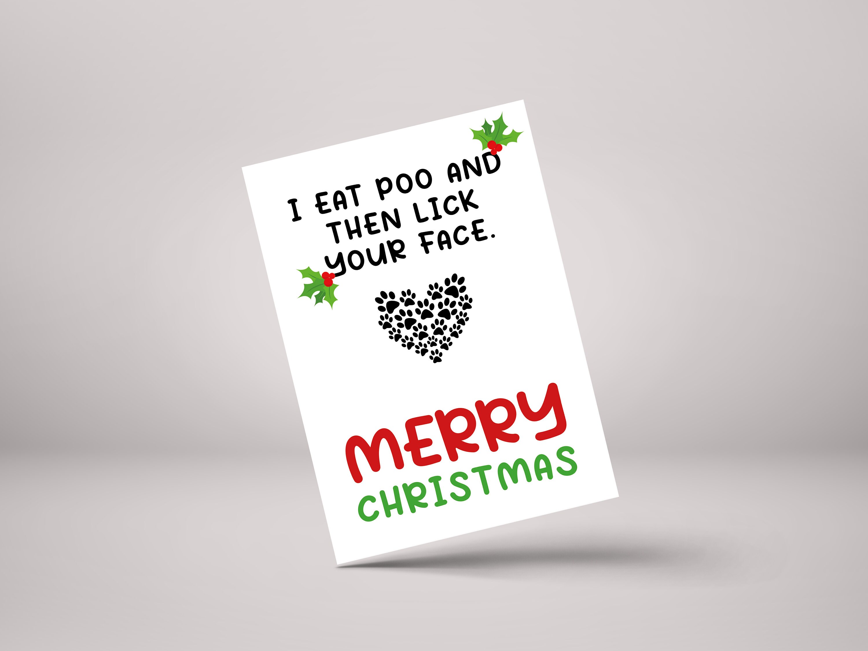 Funny Pet Christmas Card - poo joke - cat dog lick face Xmas greeting