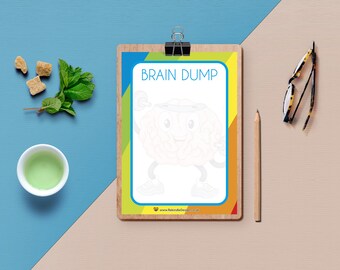 Puede incluir: Una hoja de trabajo imprimible con un personaje de cerebro de dibujos animados levantando pesas. La hoja de trabajo se titula "Brain Dump" y tiene un fondo amarillo, naranja, azul y verde.