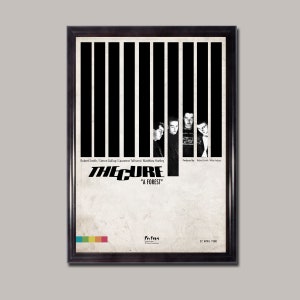 May include: A vintage concert poster for The Cure's "A Forest" tour. The poster features a black and white photo of the band members in front of a black and white striped background. The text "THE CURE" is in large, bold letters and the text "A FOREST" is in smaller letters below. The poster also includes the date "22 APRIL 1980" and the band members' names.