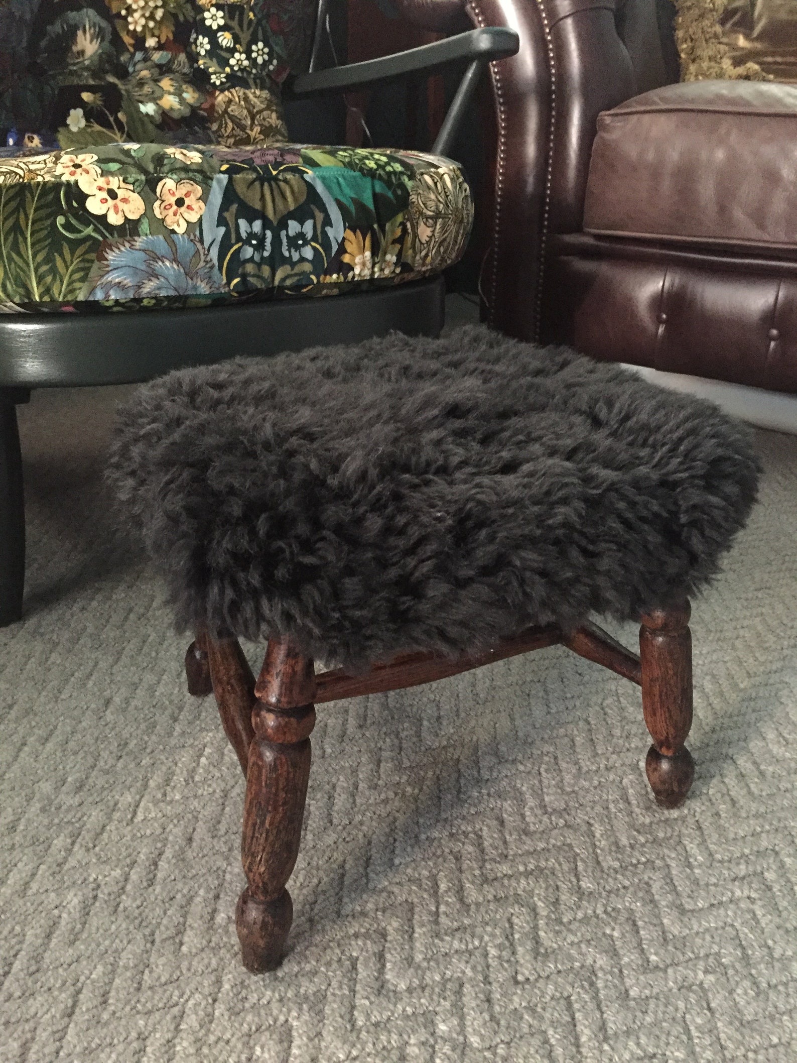 Sheepskin Footstool With Antique Windsor Base Chocolate Etsy