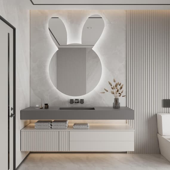 Bunny Shaped LED Mirror for Kids Room – Cute Animal Wall Vanity Lighted Mirror, Nursery Bathroom Decor, Playful Rabbit Mirror