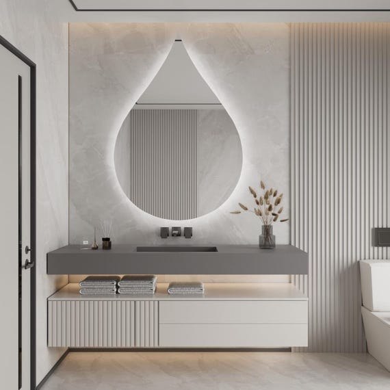 Teardrop LED Mirror, Water Drop Shape Lighted Mirror, Modern LED Backlit Wall Mirror, Frameless Bathroom Vanity Mirror, Unique Mirror Decor
