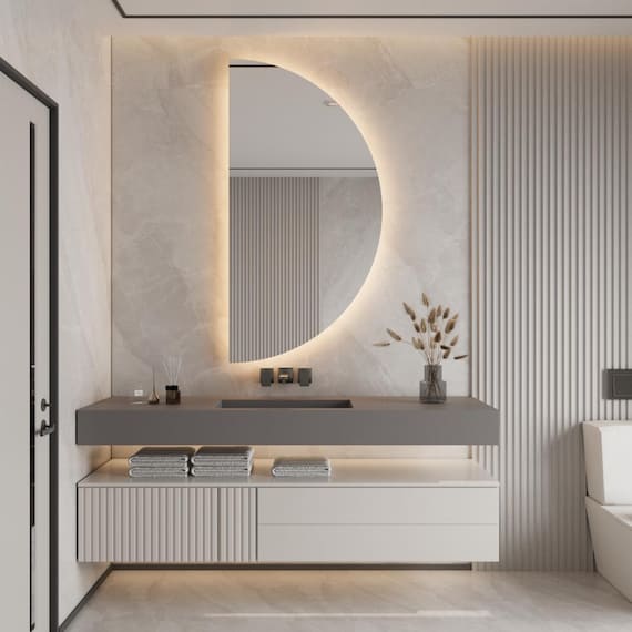 Luxury Frameless Mirror, Half Round Minimalist Mirror, Large Bathroom Aesthetic Mirror, Bedroom Luxury Wall Mirror