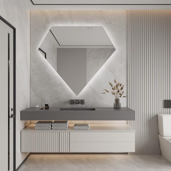 Diamond Shape LED Mirror, Modern Geometric Backlit Wall Mirror for Bathroom and Vanity, Frameless Decorative Lighted Mirror