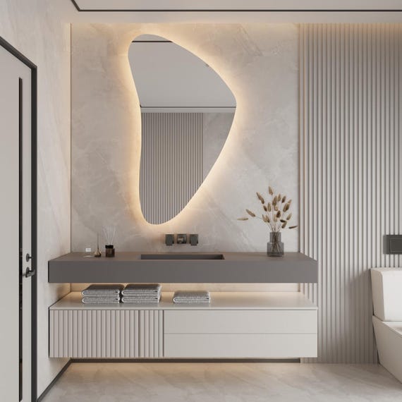 Boomerang LED Mirror, Modern Asymmetrical Wall Mirror, Frameless Lighted Mirror, Contemporary Bathroom Vanity Decor