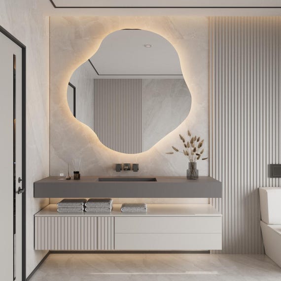 Asymmetrical Circle Frameless LED Sunburst Mirror, Warm Lighted Irregular Wavy Modern Bathroom Wall Mirror, Custom Design Gift