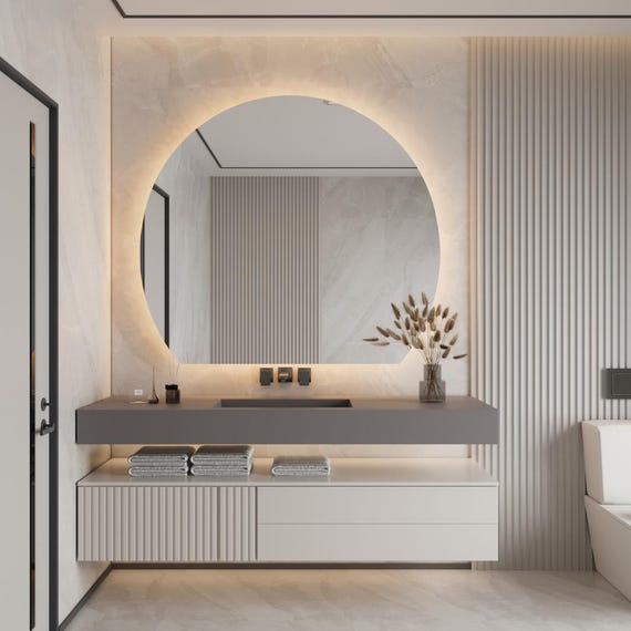 Half Circle LED Mirror Modern Lighted Wall Mirror for Bathroom Vanity Bedroom Entryway Semi Circle Radius Backlit Mirror