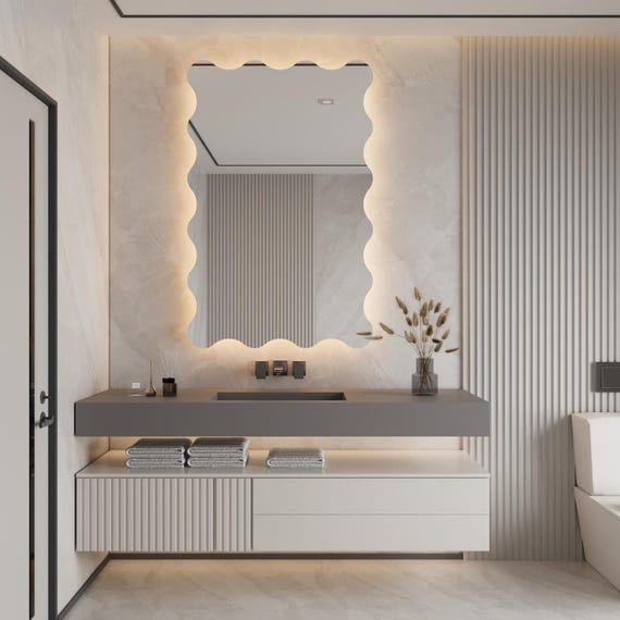 LED Squiggly Mirror, Frameless Lighted Funky Mirror, Wavy Wall Mirror for Modern Home Decor, Unique Aesthetic Vanity Mirror