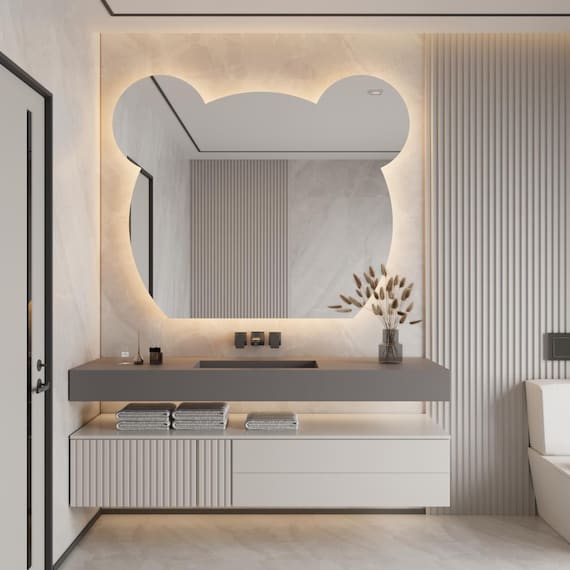 Bear Shaped LED Mirror for Kids Room Cute Animal Wall Lighted Mirror Nursery Decor Playful Bathroom Vanity Light Up Mirror