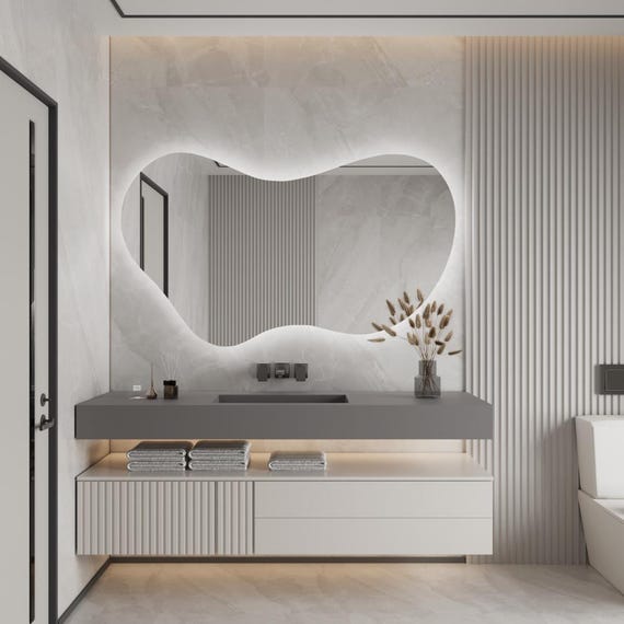 Organic Shaped LED Mirror, Asymmetrical Backlit Vanity Mirror, Modern Bathroom Mirror, Curved Frameless Wall Decor, Bedroom Mirror