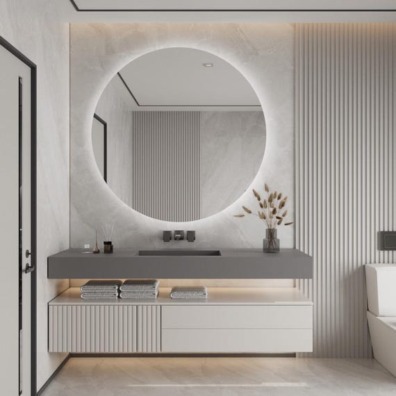 Round Vanity LED Mirror, Sleek Makeup Mirror, Luxury LED Lighted Mirror, Illuminated Frameless Large Mirror for Wall Decor