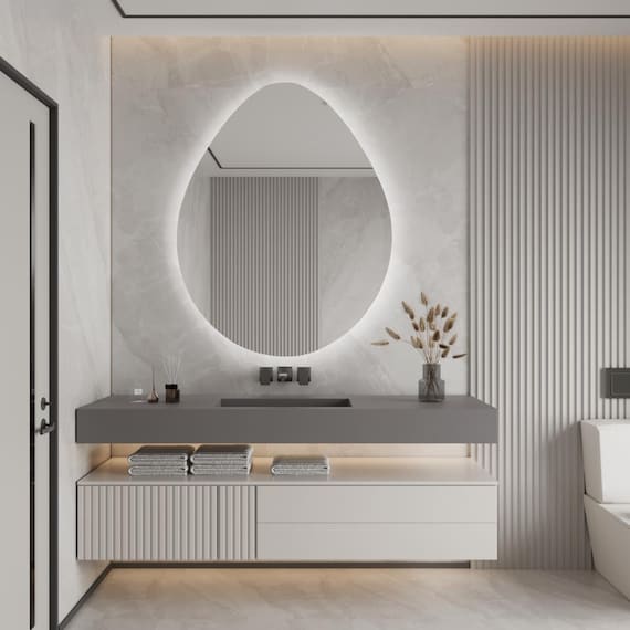 Bathroom Pear LED Mirror Modern Asymmetrical Wall Mirror with Warm Light Unique Vanity Mirror for Bathroom Bedroom Home Decor