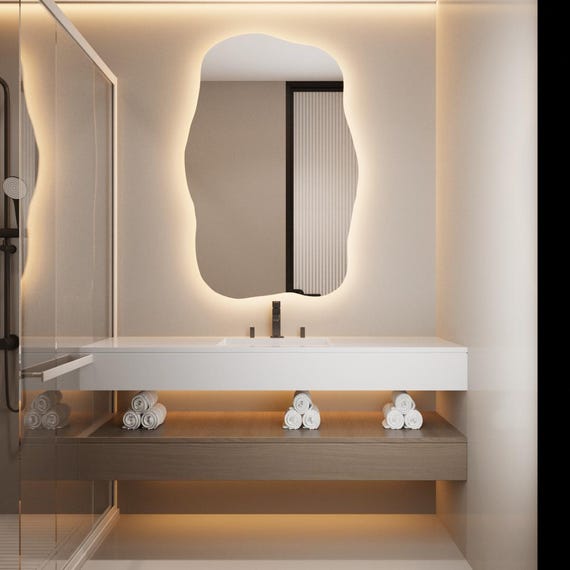 Designer LED Bathroom Mirror, Asymmetrical Modern Backlit Vertical Wall Mirror with Lights for Interior Decor