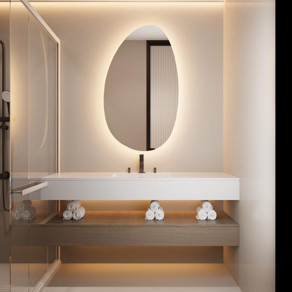 Oval LED Backlit Mirror, Large Luxury Asymmetric Illuminated Makeup and Bathroom Wall Mirror, Modern Custom Design Decor