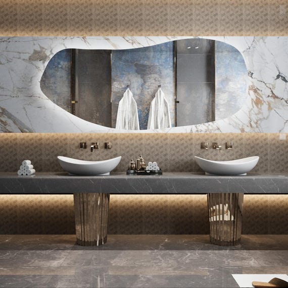 Asymmetrical LED Wall Mirror Irregular, Modern Lighted Mirror for Bathroom, Vanity, Large Decorative Illuminated Wall Decor