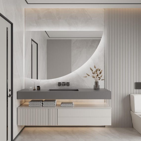 Modern Arched LED Mirror, Quarter Half-Moon Shape, Asymmetrical Bathroom Vanity Mirror, Backlit Wall Decor